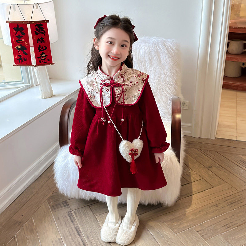 女童中连衣裙2024秋冬新款拜年服儿童红色公主裙冬季喜庆裙子