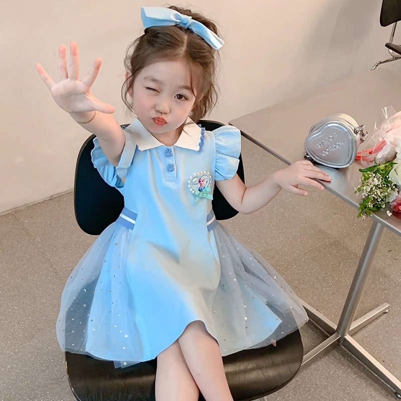 艾莎公主裙2025新款儿童夏装短袖裙子女童夏款学院风连衣裙