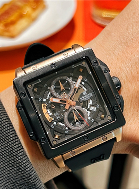 naviforce领翔新款男士超霸气方形指挥官手表六针计时防水石英表