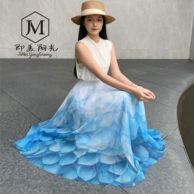 优雅显瘦大摆渐变印花半身网纱裙