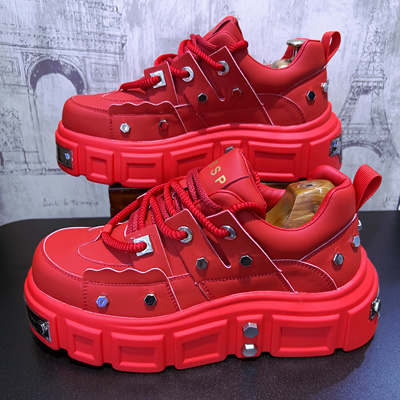 2026年新款红色鞋铆钉朋克风板鞋厚底增高老爹鞋潮牌松糕鞋男鞋子