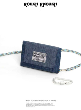 Rough Enough潮牌复古牛仔蓝帆布钱包男学生折叠卡包零钱包小钱夹