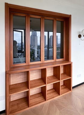 定制纯原木实木窗柜一体多功能隔断窗吧台窗出餐窗客厅餐厅隔断