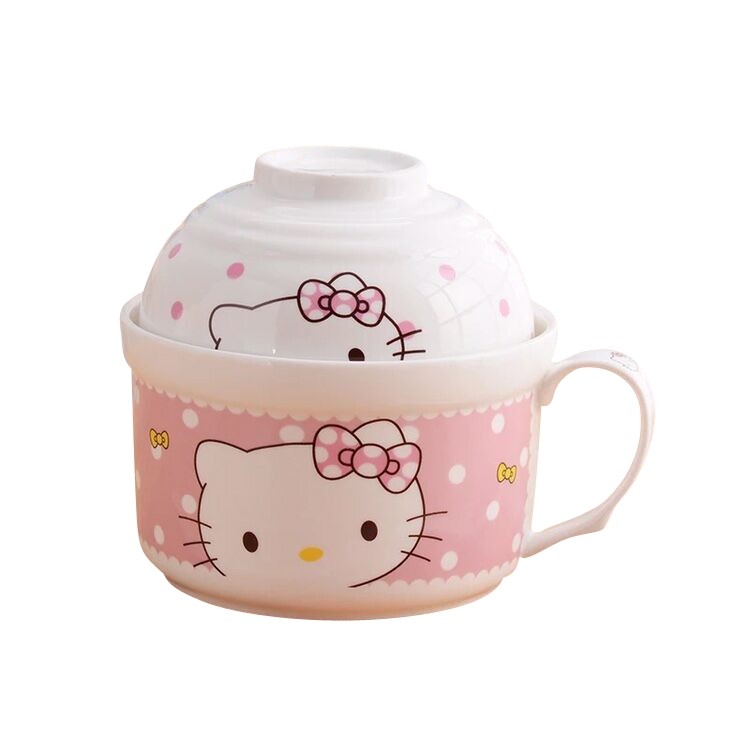 hello kitty陶瓷 卡通泡面杯碗 大容量便当盒面杯盖碗