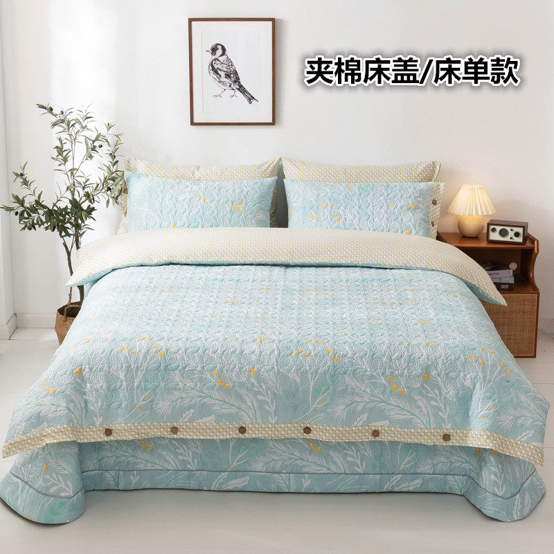 加厚夹棉绗缝床盖三件套韩版全棉夹棉被套加棉床单纯棉床上四件套