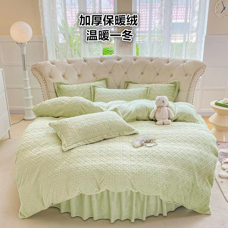 冬季牛奶绒圆床床裙四件套加厚兔绒双面珊瑚绒被套圆形床罩2米2.2