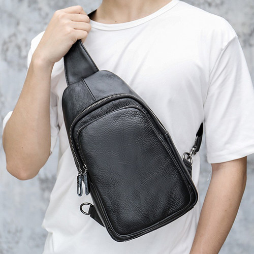 新款真皮胸包男士休闲复古头层牛皮斜跨包单肩包胸前包chest bag