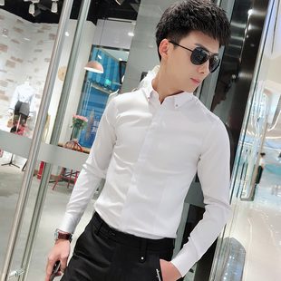 修身 2022新款 韩版 男长袖 帅气青年免烫丝绸亮面纯色百搭衬衣 白衬衫
