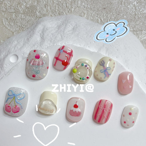 小红书同款纯手工冰激凌穿戴甲可爱甜心少女风美甲贴片成品可拆卸