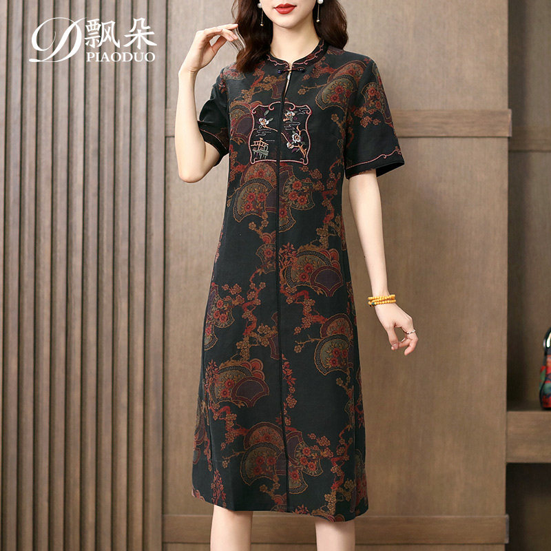 龟裂纹香云纱真丝连衣裙女夏季新款2024高端桑蚕丝印花长款裙子