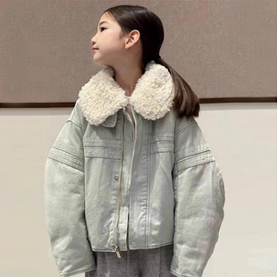 2025冬季新款羊羔毛复合加厚牛仔翻领韩版女童外套中大童夹棉上衣