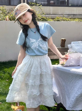 2026新款韩版蝴蝶结甜美气质水蓝色女童T恤