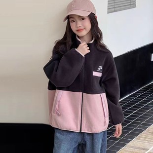 女童双面奥粒绒外套2025秋冬装德绒加厚中大童磨毛加绒拉链外套