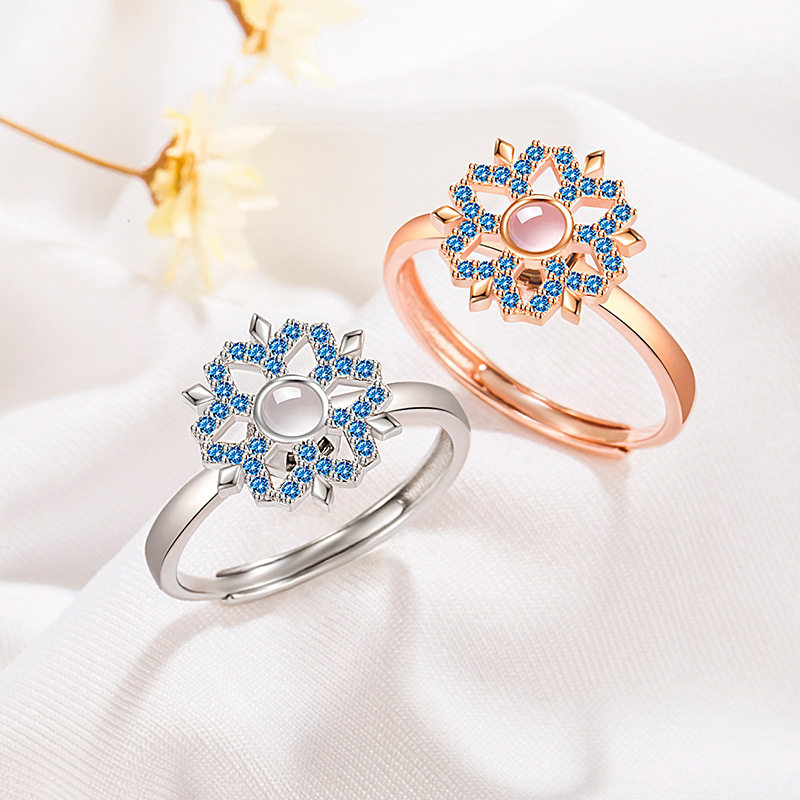 S925纯银旋转雪花可调节女戒饰品