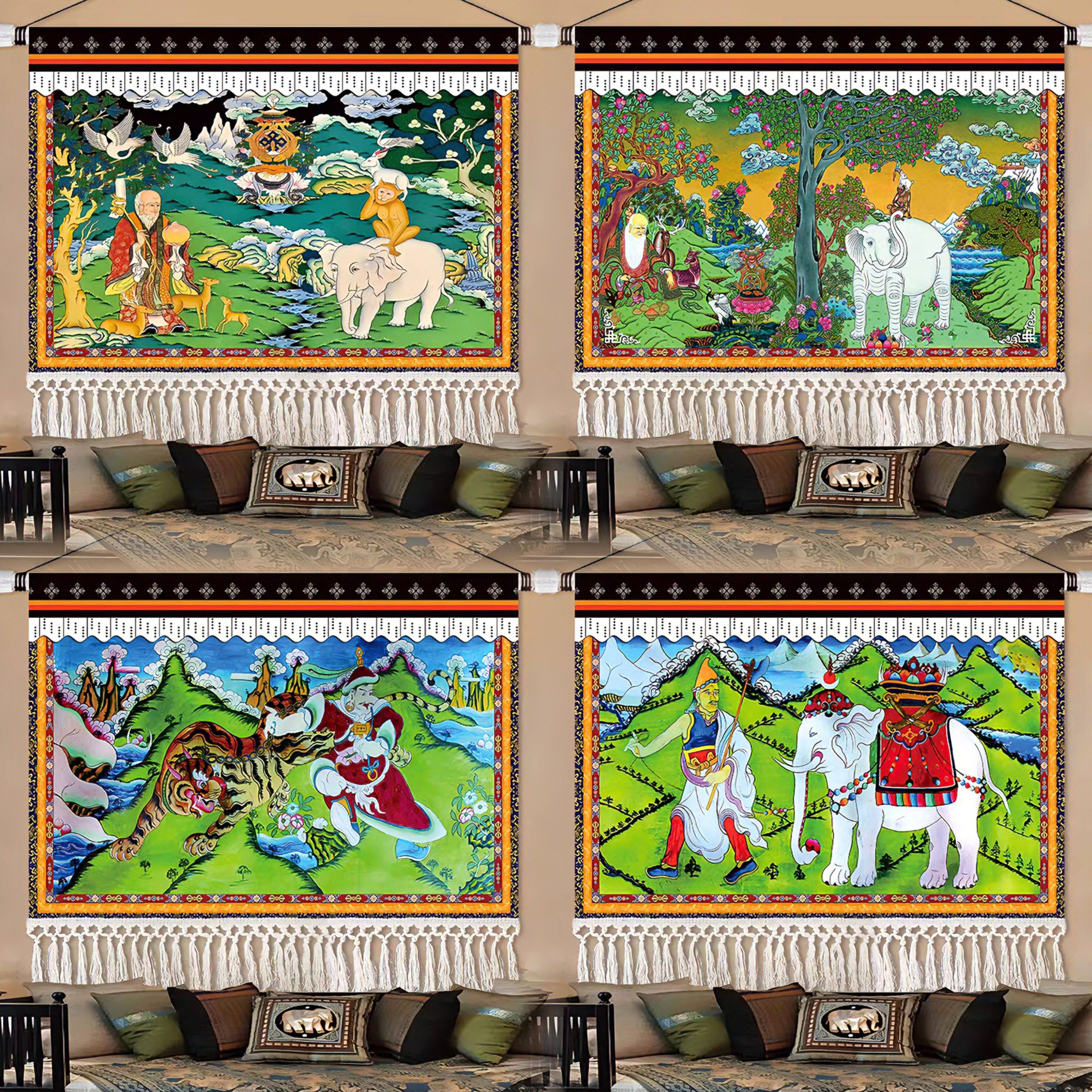 西藏唐卡吉祥四瑞背景墙挂画六长寿阿扎热蒙人牵虎财神牵象藏式布