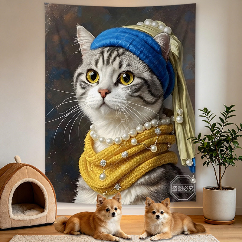 北欧复古猫咪背景布油画艺术挂布挂毯/壁毯