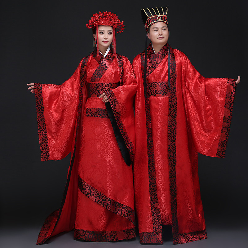 中式古代红色新郎拖尾汉唐婚服