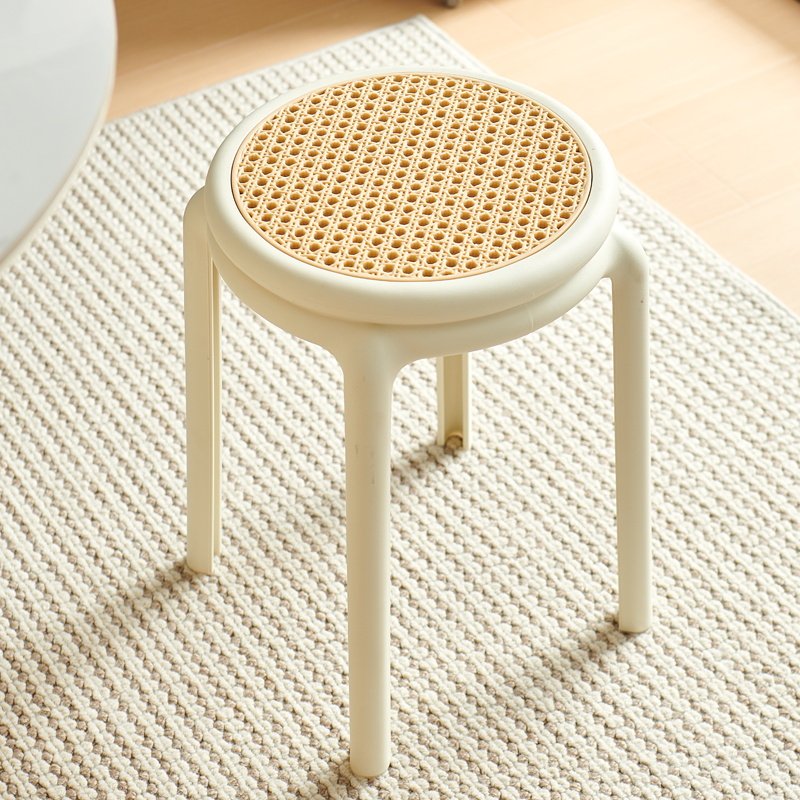 中古风塑料凳子家用加厚仿藤编圆凳可叠放收纳待客人备用餐桌椅子