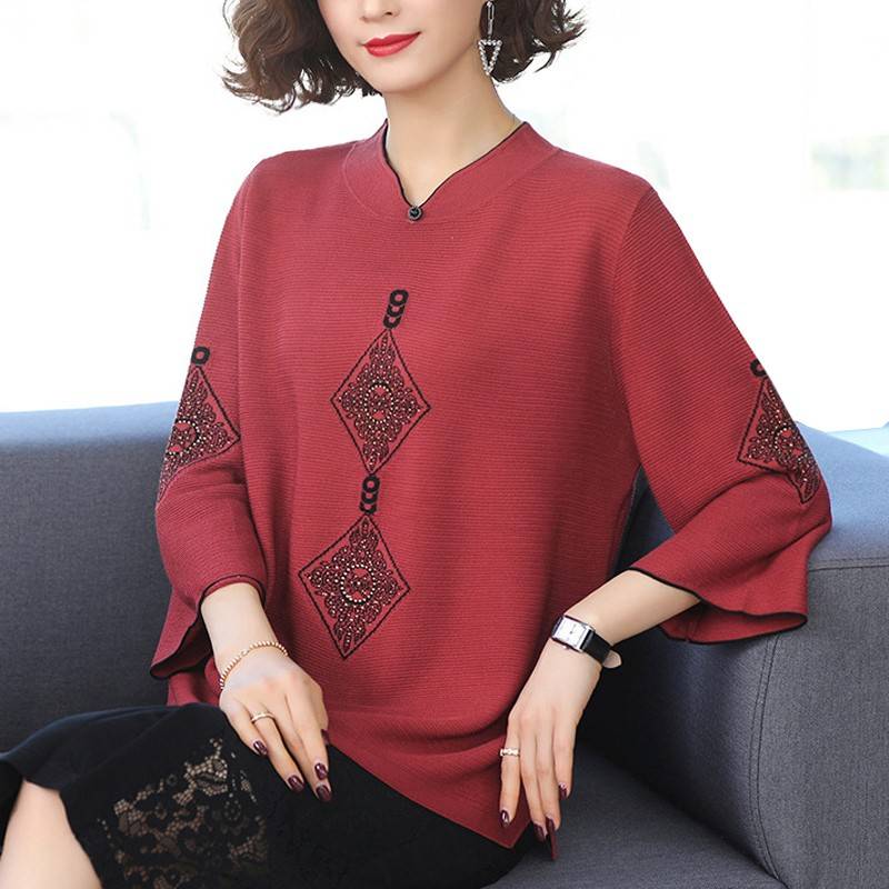 加肥特大码女装老年初秋上衣中年妈妈冰丝T恤高贵洋气针织打底衫