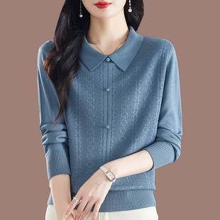 桑蚕丝长袖 t恤女宽松2024秋装 妈妈薄款 上衣洋气polo领针织打底衫