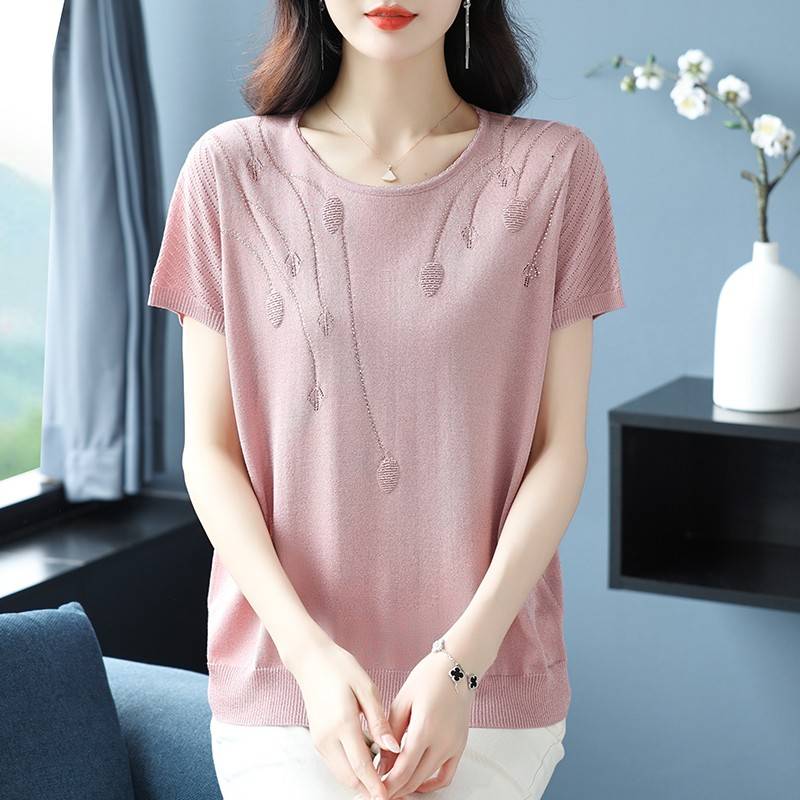 中年妈妈冰丝短袖T恤女夏季宽松加大码针织薄款桑蚕丝打底衫体恤