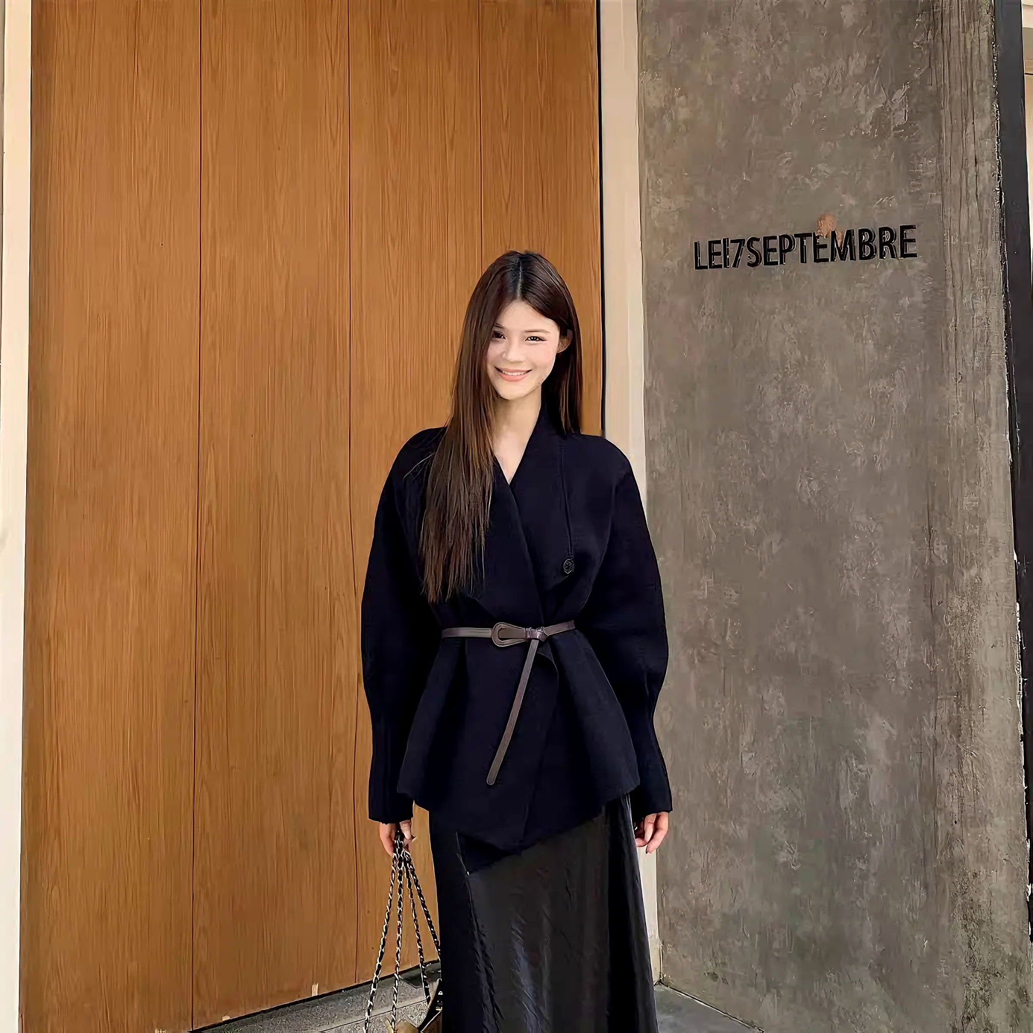 2025新款翻领不规则收腰气质针织毛衣中长款外套女半身裙两件套