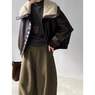 皮衣外套女咖色羊羔毛大毛领pu皮冬加厚保暖白鸭绒流行爆款 上衣