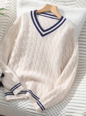 儿童羊绒衫女童双股加厚V领麻花学院风打底衫男童羊毛衫套头毛衣