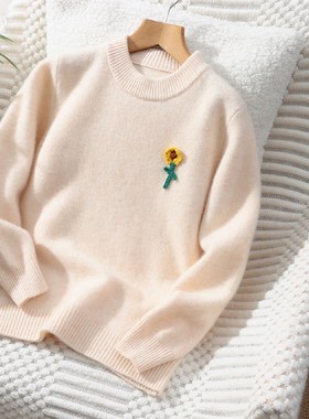 儿童羊绒衫女童双股厚款半高领打底男童羊毛衫手工钩花向日葵毛衣