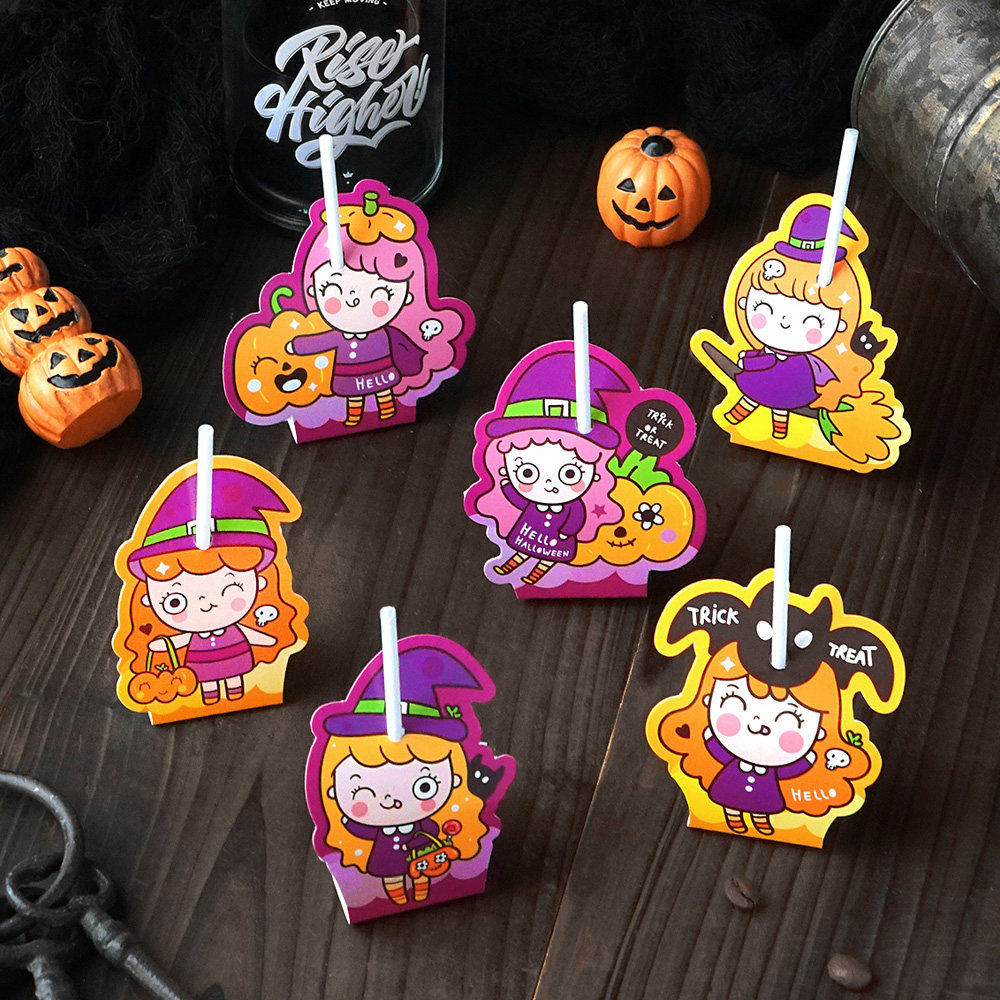 万圣节双色魔女直立棒棒糖卡纸南瓜幽灵糖果纸装饰卡儿童礼物零食