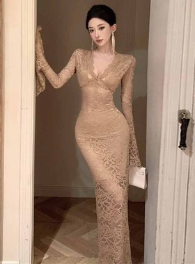 5535欧美东南亚外贸批发2024女装气质名媛风镂空蕾丝包臀连衣裙