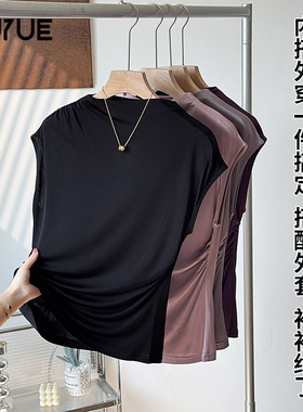 瑜悦夏季新款真丝褶皱设计感女t恤气质无袖桑蚕丝上衣女装打底衫