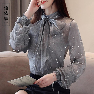 雪纺衬衫女长袖2019秋装新款韩版时尚洋气气质显瘦很仙的蕾丝上衣
