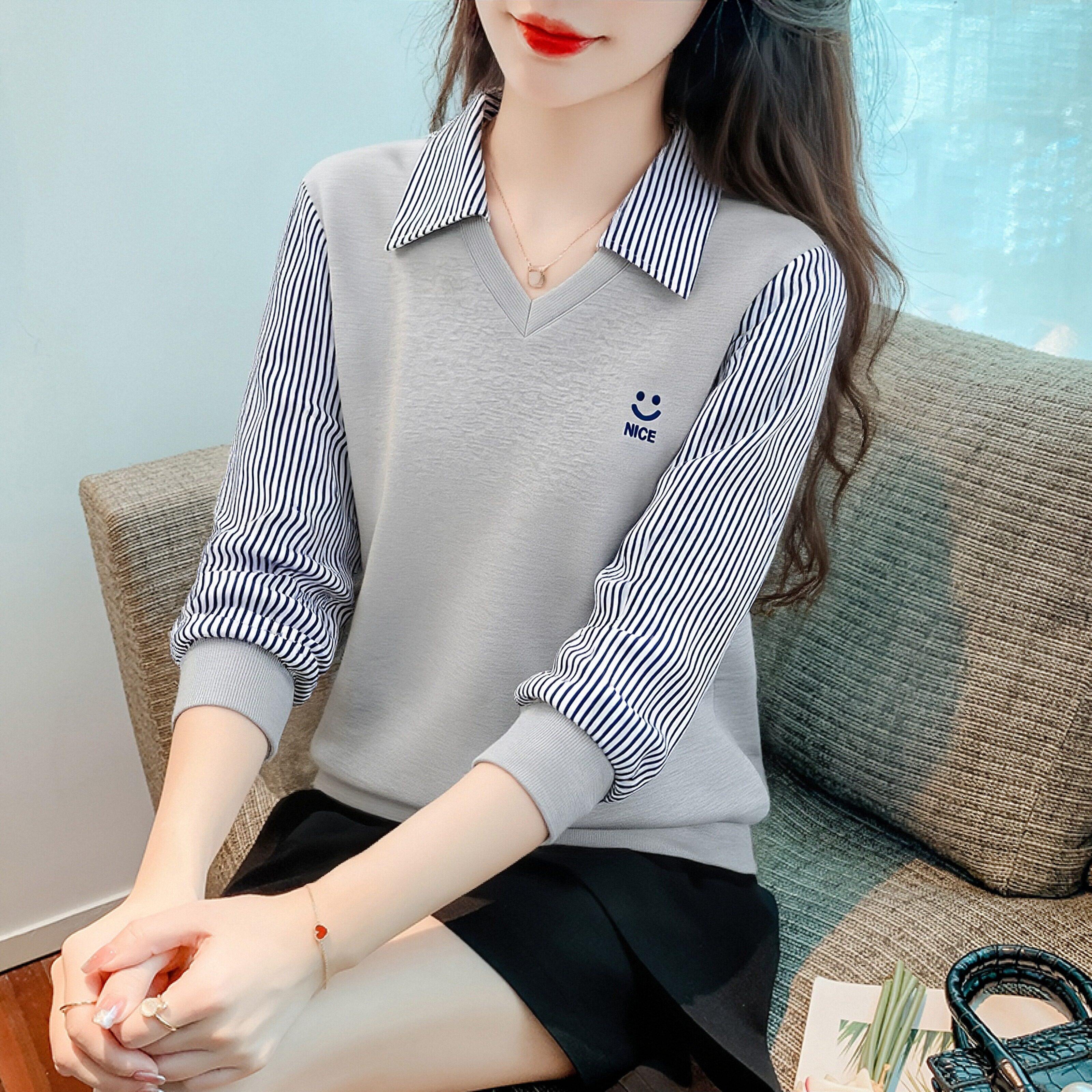 假两件纯棉长袖T恤女2026年新款春装宽松拼接条纹上衣卫衣打底衫