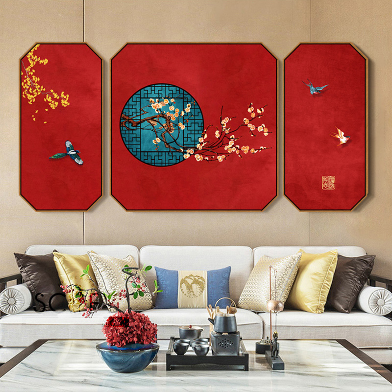 中国风客厅三联画沙发背景墙装饰画八边形挂画工笔花鸟新中式壁画
