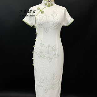 华裳苏言|白绿色木槿花真丝花罗如意结连肩袖旗袍