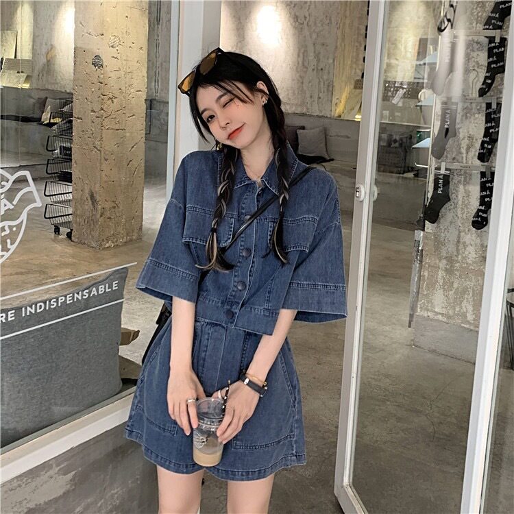 减龄气质短袖衬衫牛仔套装女20大码套装