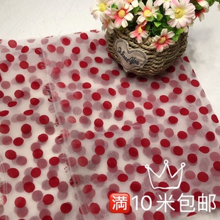 红色立体植绒大点纱 白色欧根纱底布面料 蓬蓬裙服装DIY布料