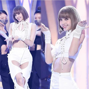 新款韩国女明星lisa同款白色镂空女歌手爵士舞打歌服套装演出服女