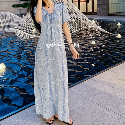 （v领抽绳）口袋国风绵绸连衣裙高级感女夏人造棉宽松透气中长款