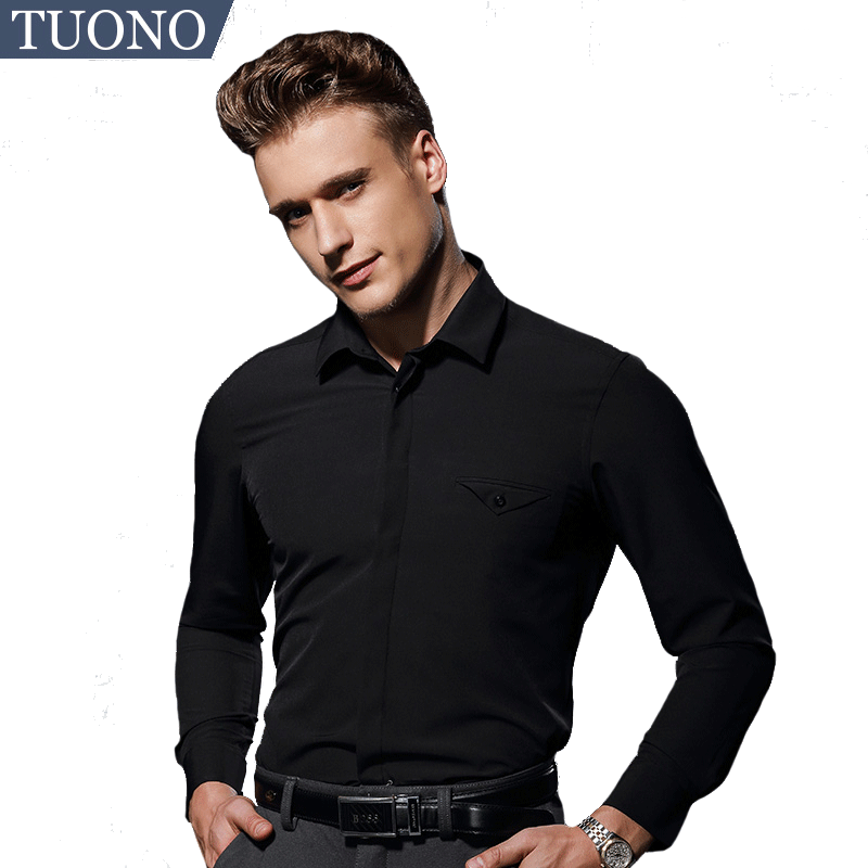 Tuono托诺黑色衬衫男长款修身 微弹春秋装衬衣上衣NST7540-2