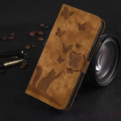 适用小米14 13T 12T压花手机壳红米Note13Pro 5G蝴蝶猫磁扣皮套Note11S 4G翻盖9A全包9T钱夹插卡保护套