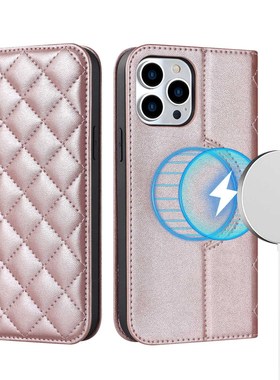 适用iPhone14PLus防盗刷FRID皮套13mini无线充Magsafe磁吸手机壳15Pro潮女小香风格纹苹果12翻盖插卡保护套