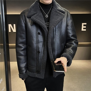 机车服男装 皮毛一体男士 加绒加厚皮袄短款 大码 羊羔毛棉衣外套 冬季