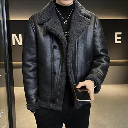 皮毛一体男士冬季大码加绒加厚皮袄短款机车服男装羊羔毛棉衣外套