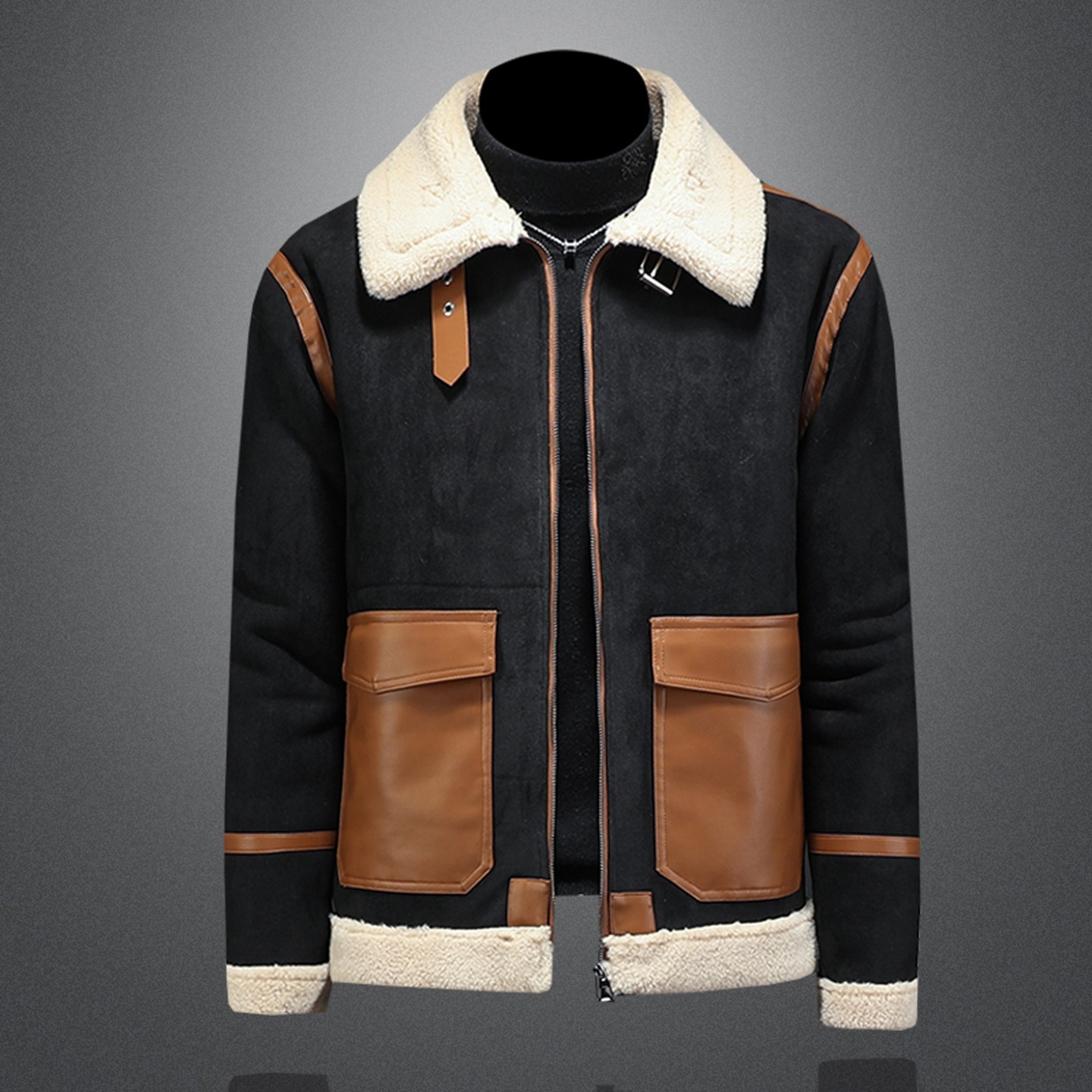 皮毛一体男士冬季大码加绒加厚夹克短款机车服男装羊羔毛棉衣外套