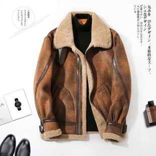 机车服夹克男装 皮毛一体男士 加绒加厚皮衣短款 冬季 羊羔毛外套 大码