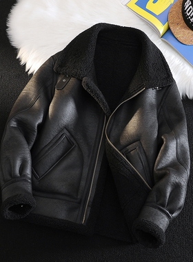 皮毛一体男士冬季大码加绒加厚皮衣短款机车服夹克男装羊羔毛外套