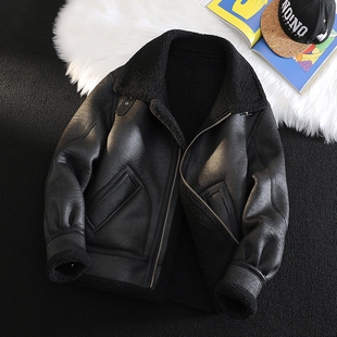 机车服夹克男装 皮毛一体男士 加绒加厚皮衣短款 大码 羊羔毛外套 冬季