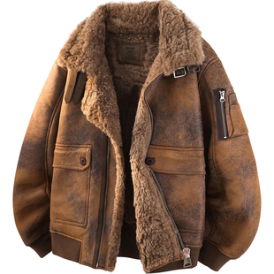加绒加厚机车服短款 大码 皮衣潮男羊羔毛外套 冬季 海宁皮毛一体男士